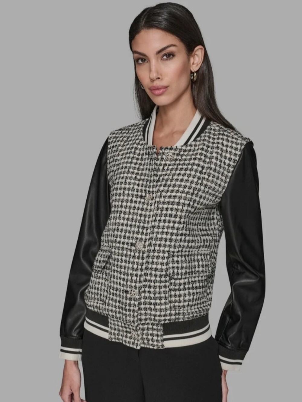 Karl Lagerfeld Black and White Tweed Mixed Media Varsity Jacket Size Large